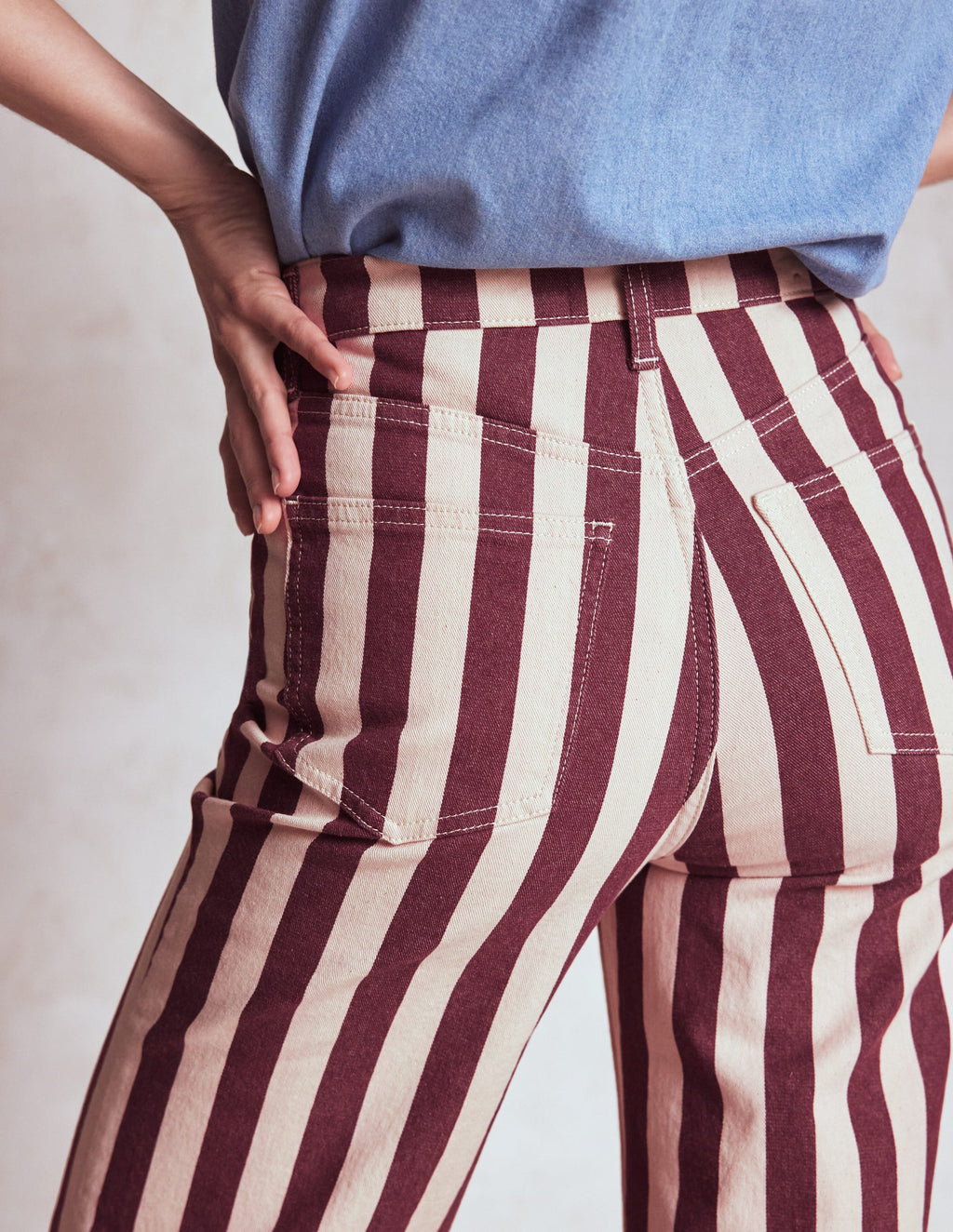 High Rise Column Leg Jeans-Maroon and Ivory Stripe