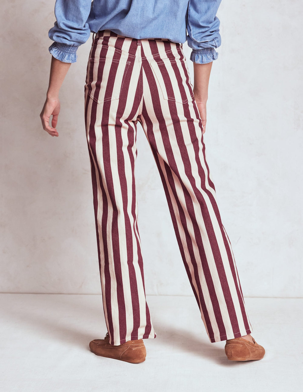 High Rise Column Leg Jeans-Maroon and Ivory Stripe