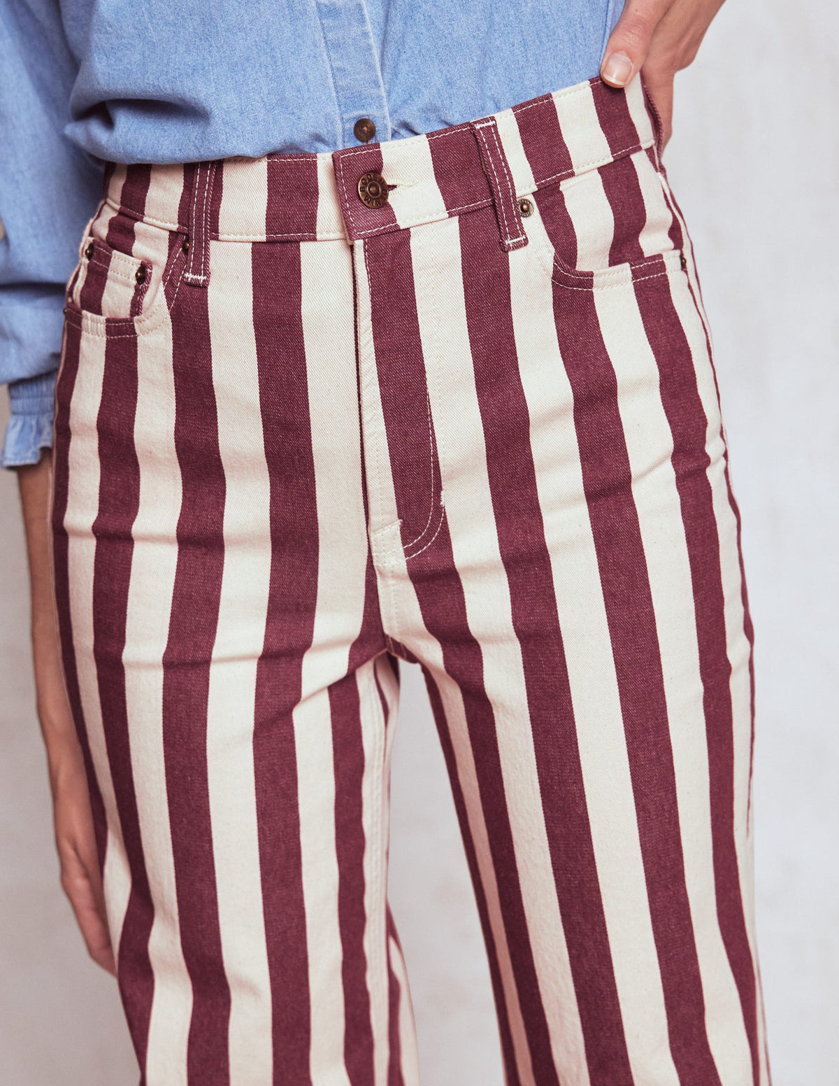 High Rise Column Leg Jeans-Maroon and Ivory Stripe