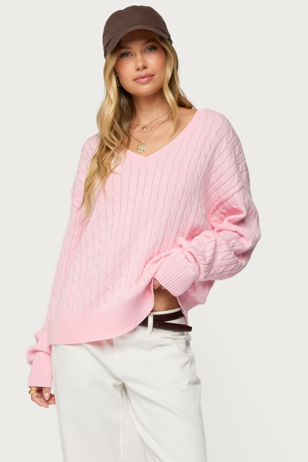 Polly V Neck Cable Knit Sweater
