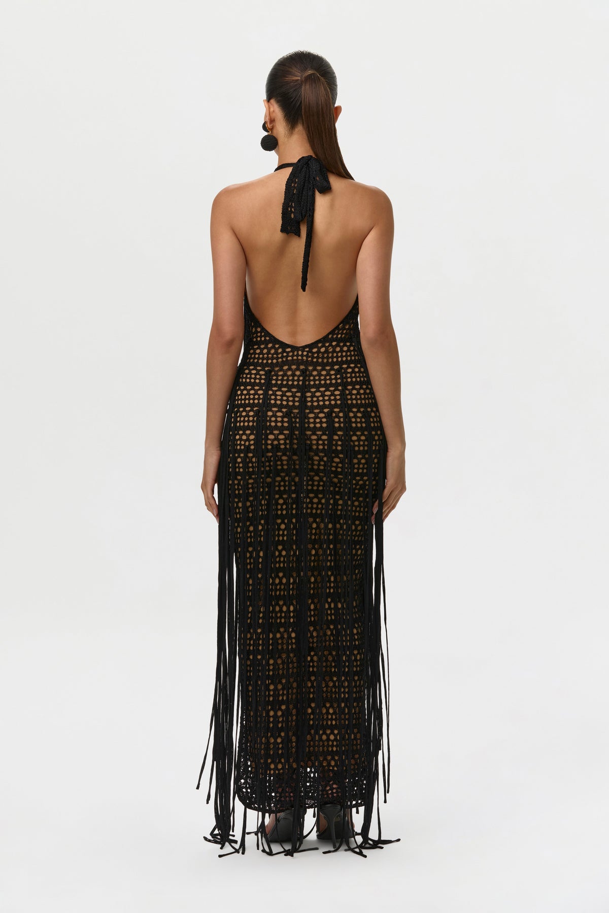 Crochet Plunge Fringe Maxi Dress