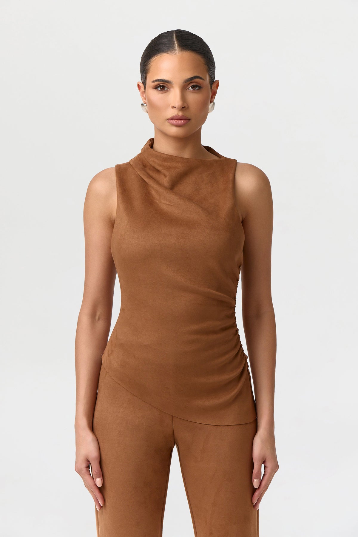 Faux Suede Ruched Sleeveless Top